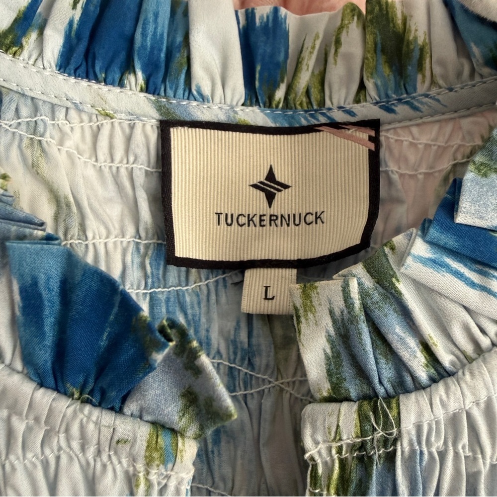 Tuckernuck Blue, Green and White Floral Smocked Cap-Sleeve Blouse - Picture 3 of 3